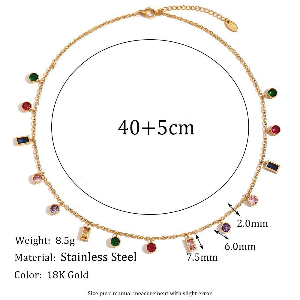 Gold-toned stainless steel necklace with multiple colorful rectangular and round charms, shown on a white background with measurement annotations reading 40+5cm and dimensions 2.0mm, 6.