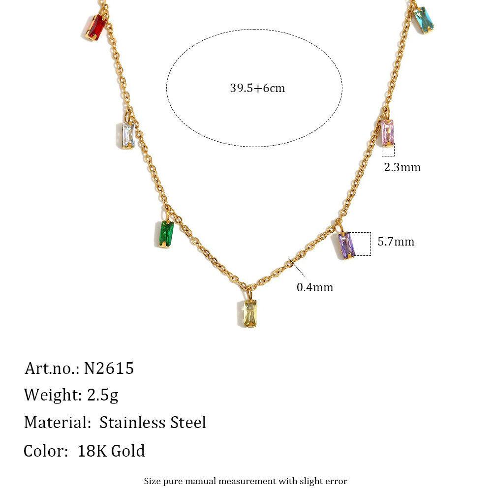 Gold-toned stainless steel necklace with rectangular gemstone charms, shown on a white background with measurement callouts and product details including weight 2.5g and 18K gold color.