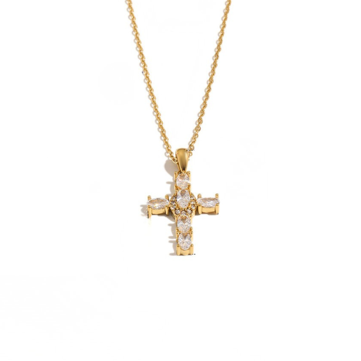 A gold cross pendant necklace adorned with clear marquise-cut gemstones, suspended from a delicate gold chain against a plain white background.