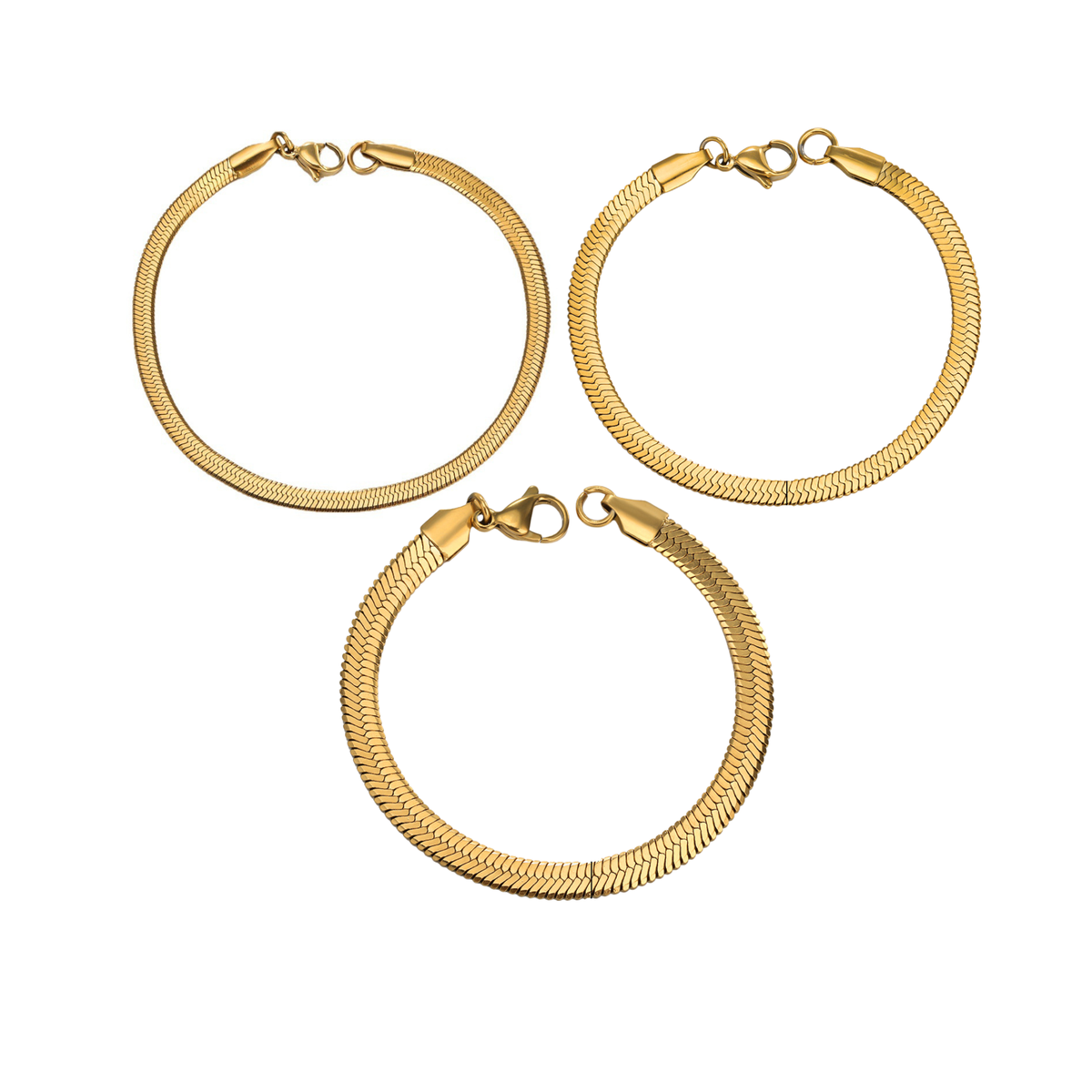 Three gold snake chain bracelets arranged on a plain white background.