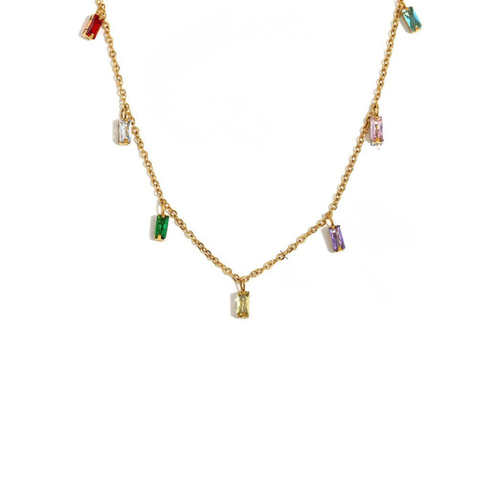 A gold chain necklace featuring multiple small rectangular baguette gemstones in various colors including green, purple, yellow, red, and blue, displayed on a clean white background.