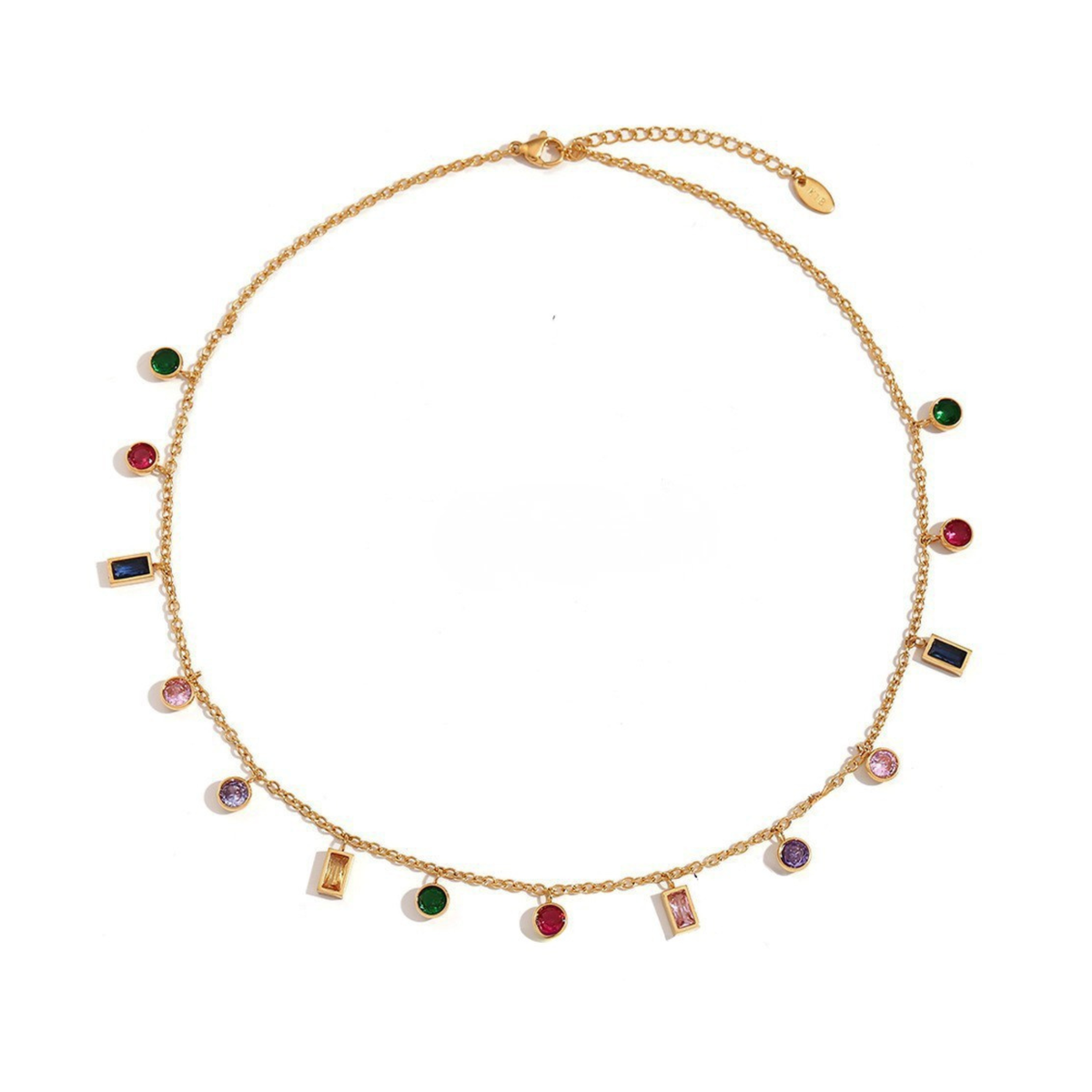 A gold chain necklace with multiple small dangling charms, including rectangular and oval pieces set with red, green, pink, purple, and blue stones, shown on a plain white background.