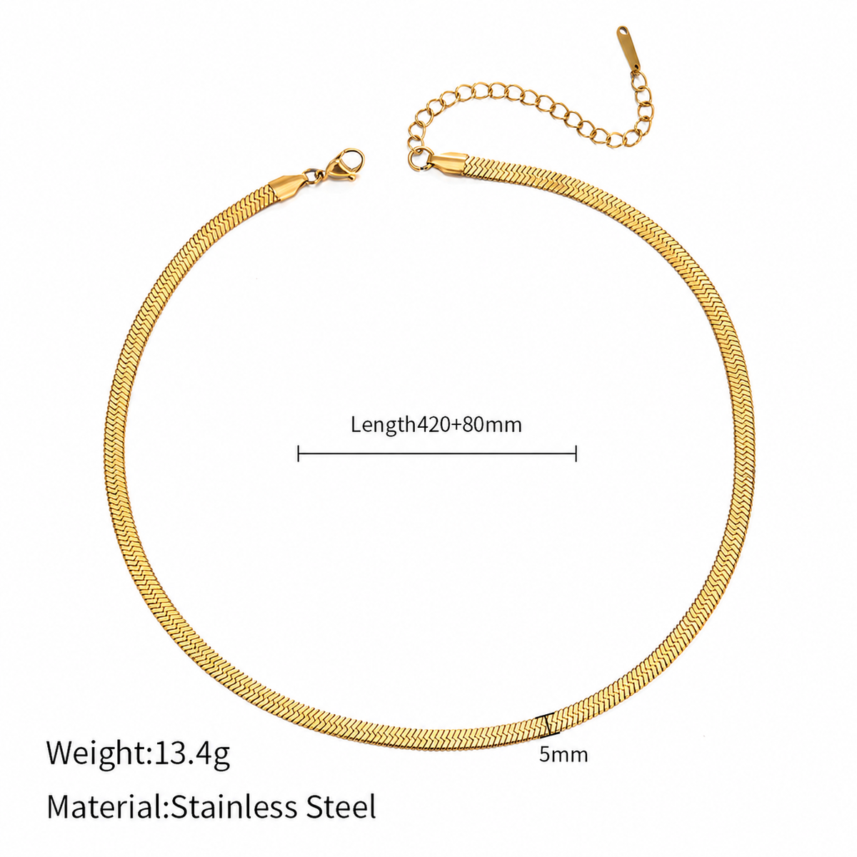 Gold stainless steel snake chain necklace with a lobster clasp and extension chain, shown on a white background with text indicating weight 13.4g, material stainless steel, and dimensions including length 420+80mm and 5mm chain width.