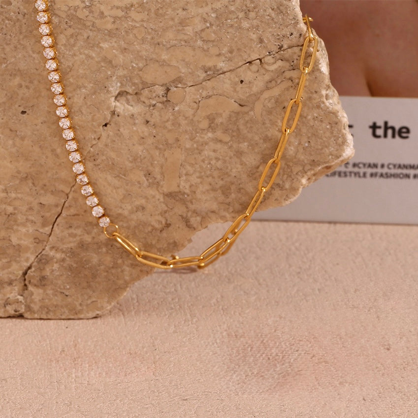 Half Zircon Paperclip Necklace