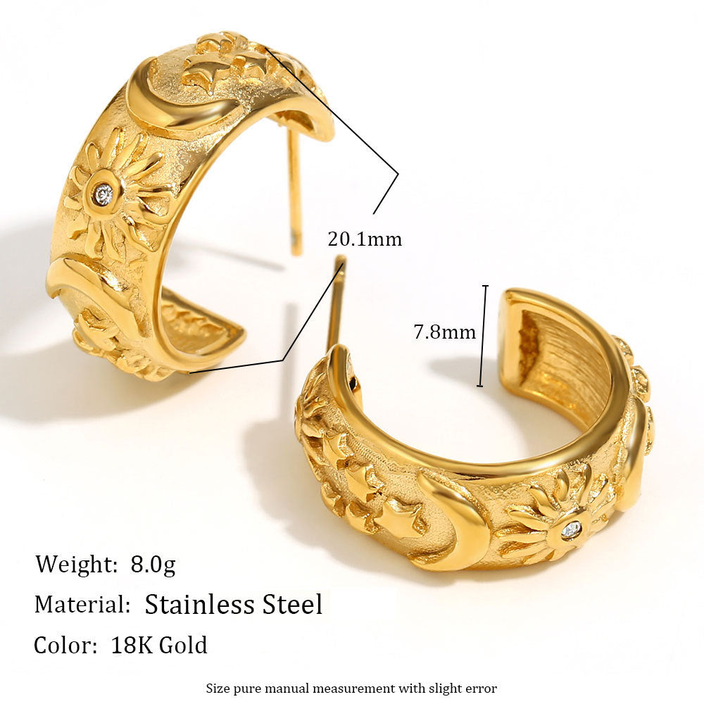 Celestial Star, Moon & Sun Hoop Earrings with detailed design on a white background, showing measurements and material details.