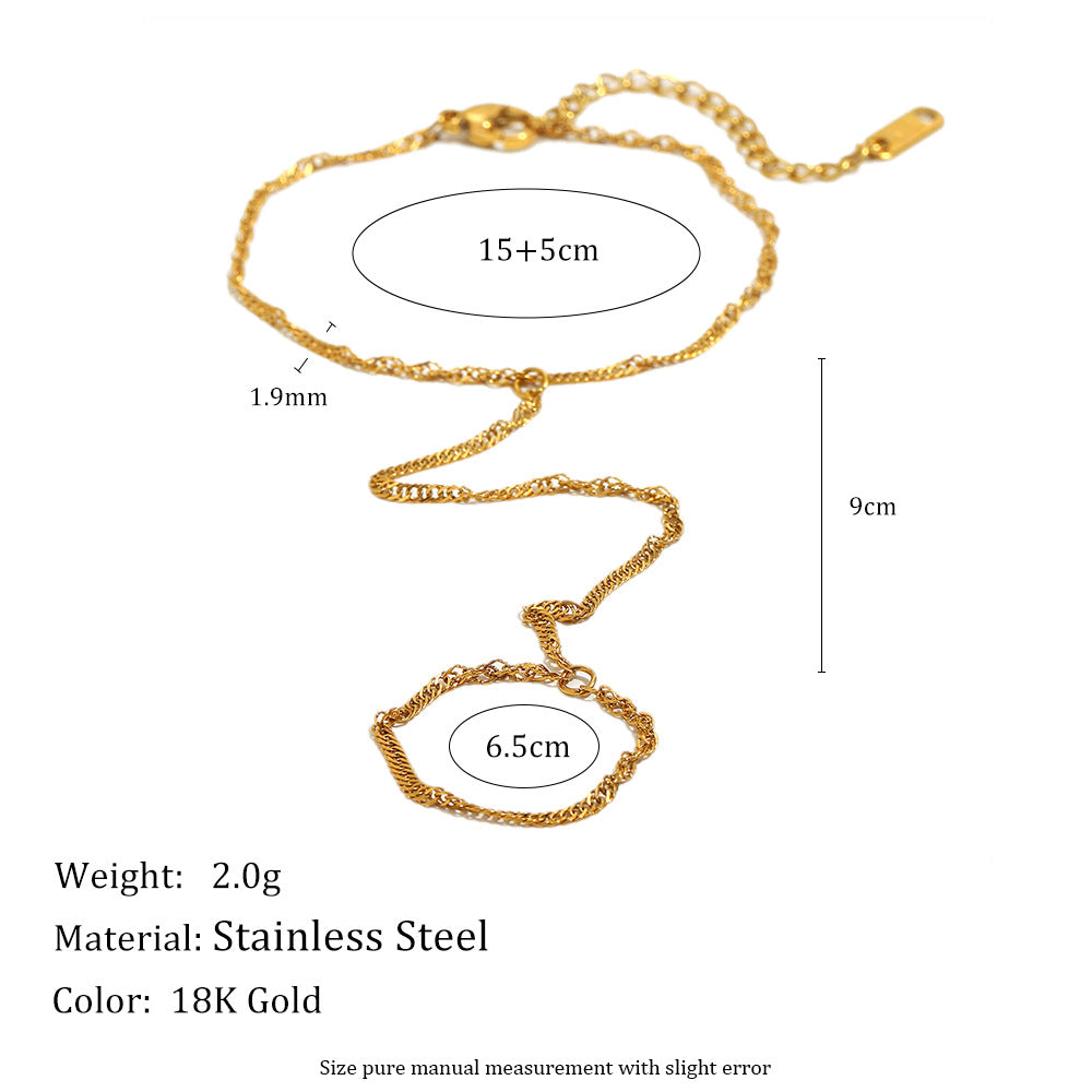 Gold-colored stainless steel chain Bracelet with measurement annotations showing its length, width, and height, along with product specifications including weight, material, and color.