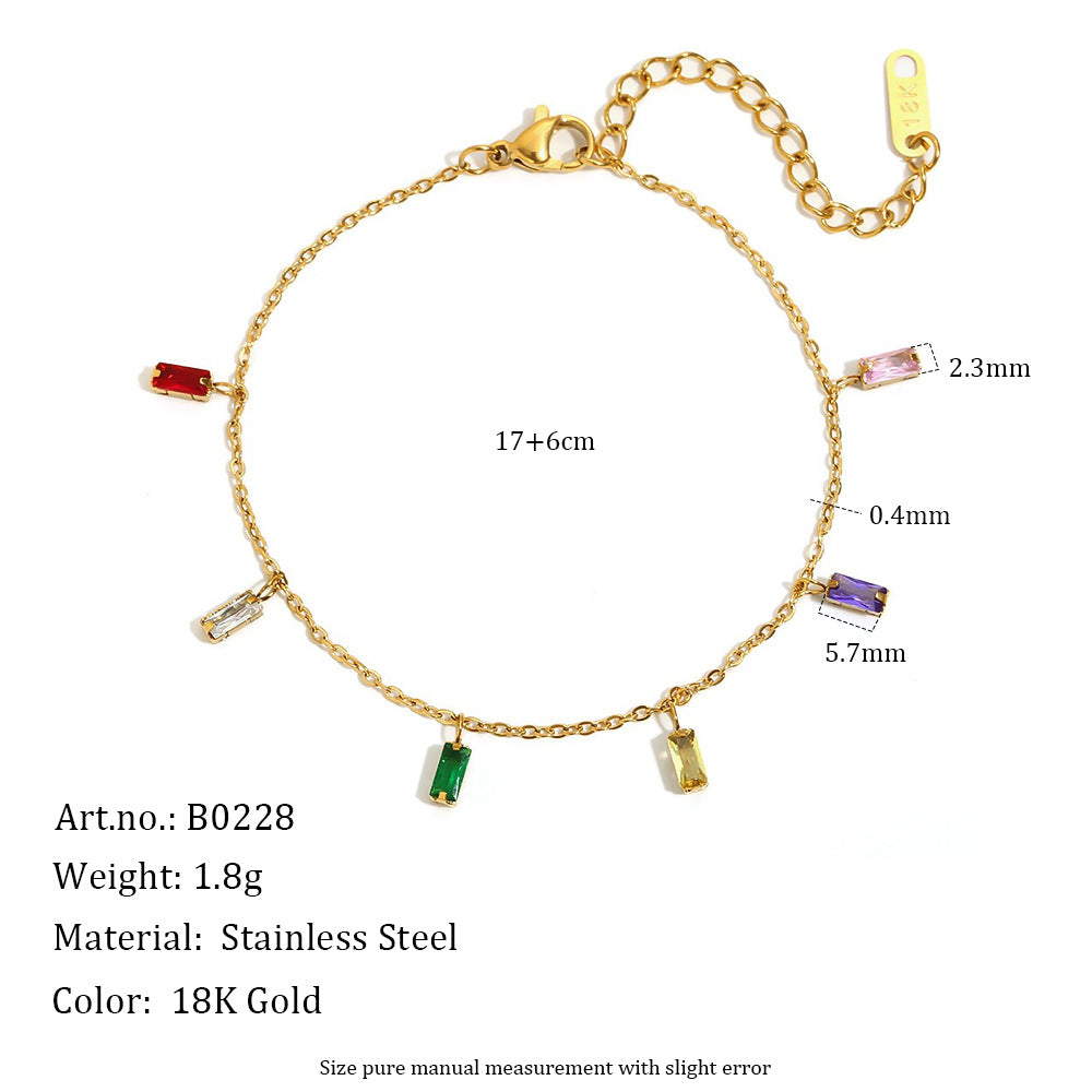 Gold chain bracelet with multiple rectangular gemstone charms in red, green, yellow, pink, and purple, shown on a white background with product details and measurements.