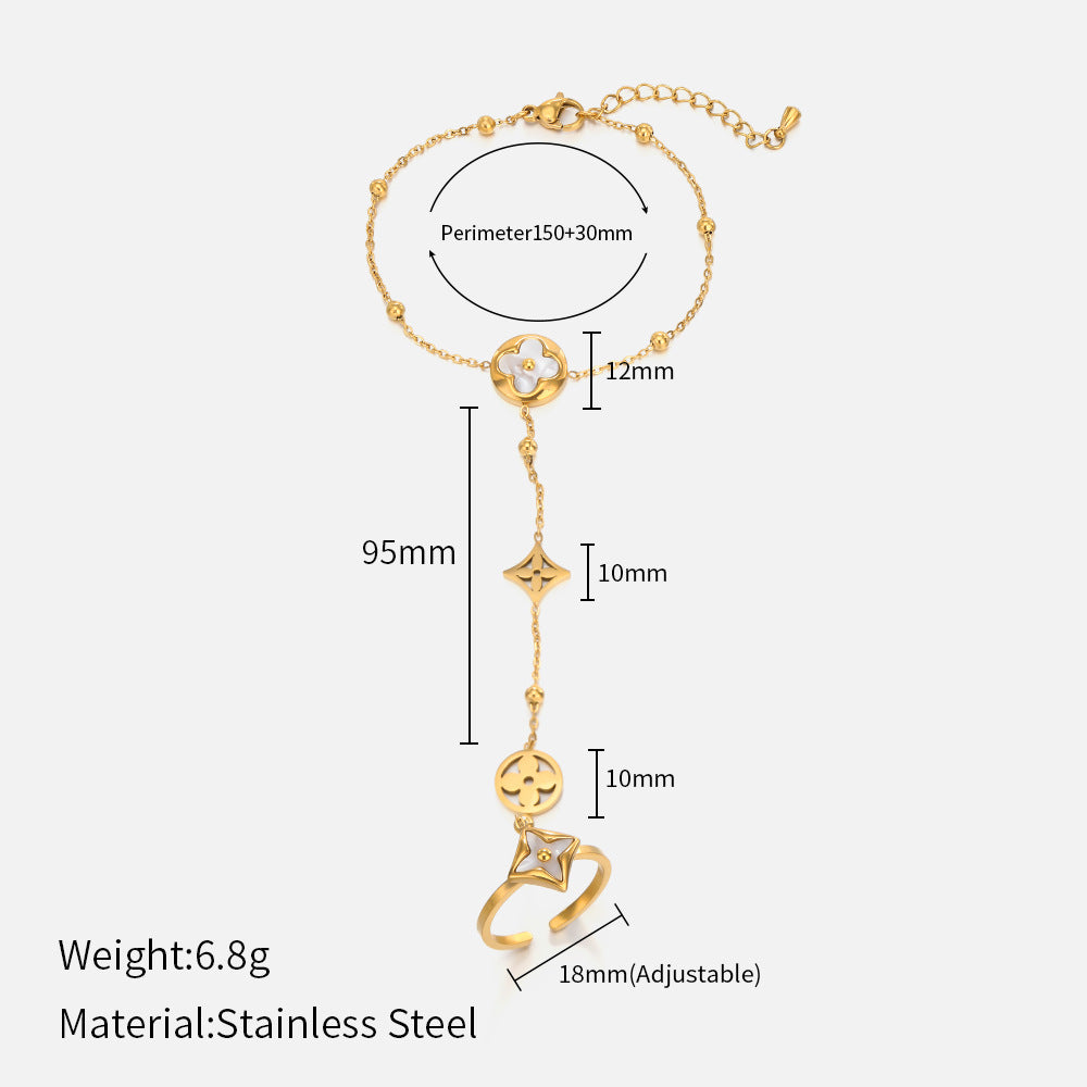 Gold-toned stainless steel adjustable bracelet with dimension annotations, including 95mm length, 150mm perimeter, 18mm adjustable ring, and 12mm/10mm segment measurements, on a light gray background.