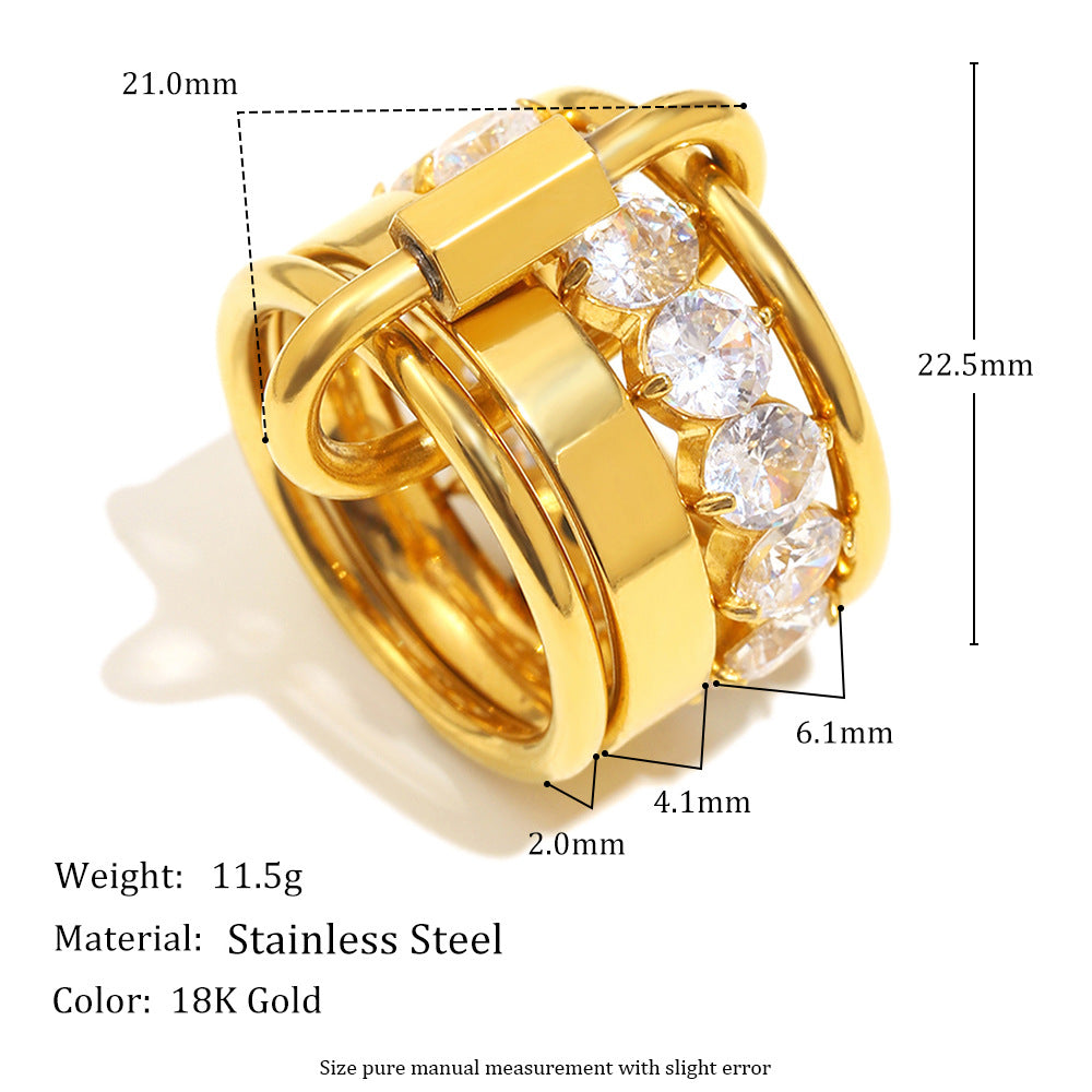 Gold ring with diamond-like stones and measurements on a white background