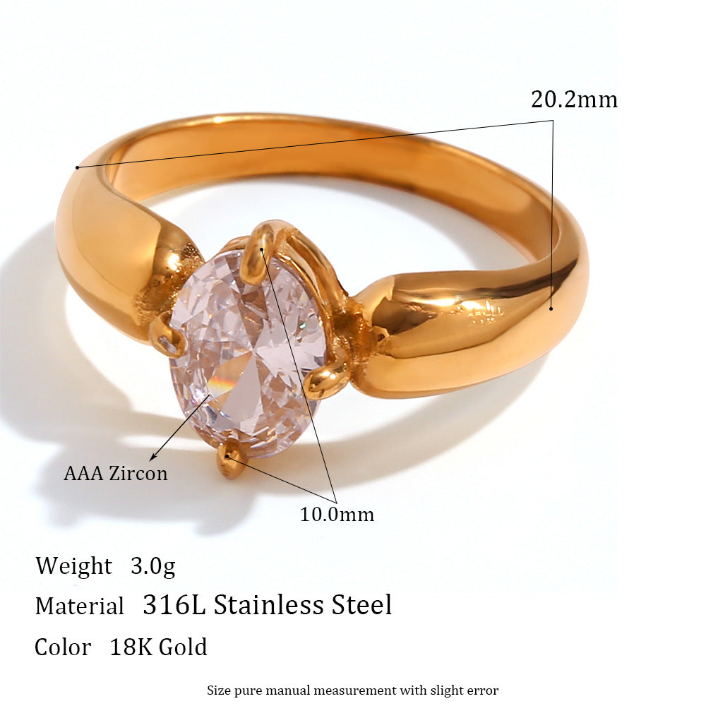 Gold ring with AAA zircon, measurements, and material details on a white background