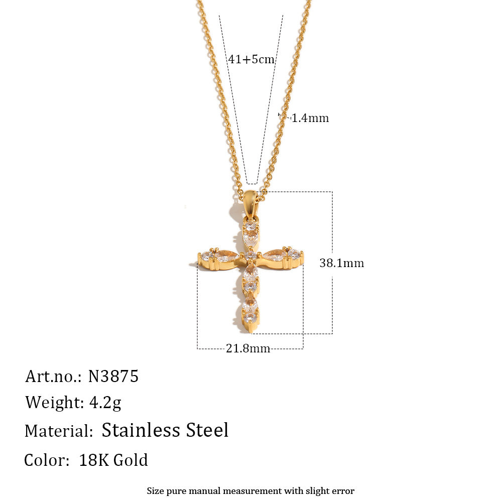 Gold cross pendant necklace with dimension measurements, shown on a white background with product details including weight 4.2g, material Stainless Steel, and color 18K Gold.