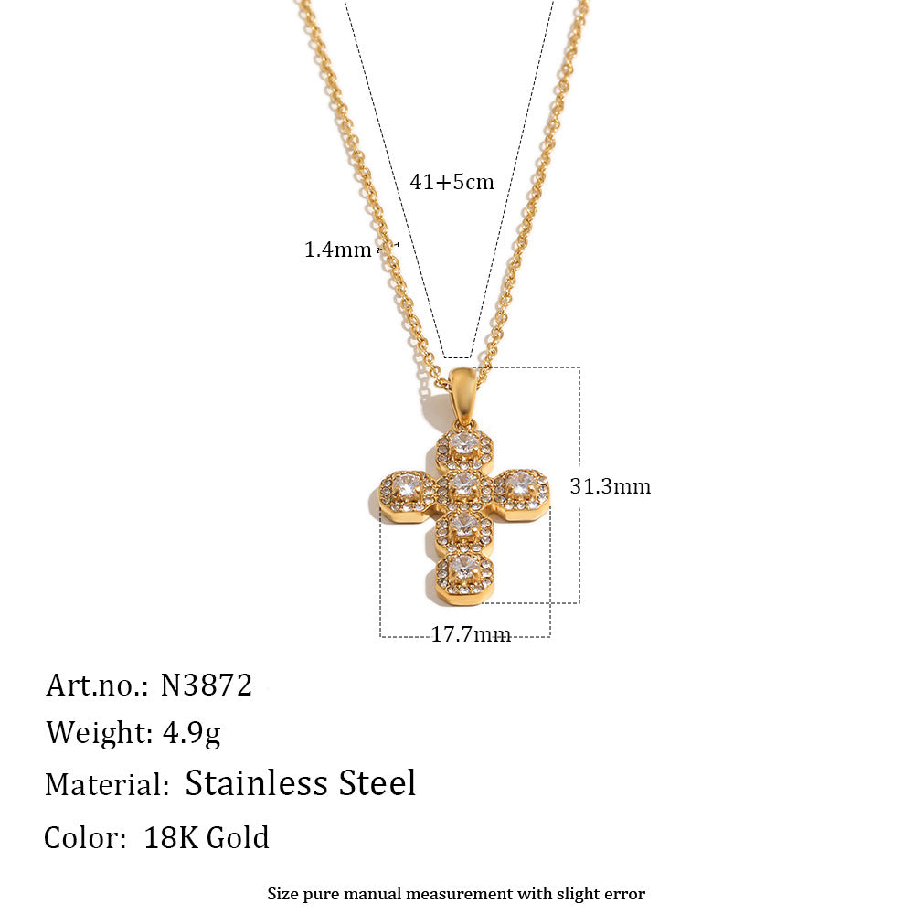 Gold cross pendant necklace with dimension measurements shown on a white background, plus product text listing 18K gold material, stainless steel, and weight 4.9g.