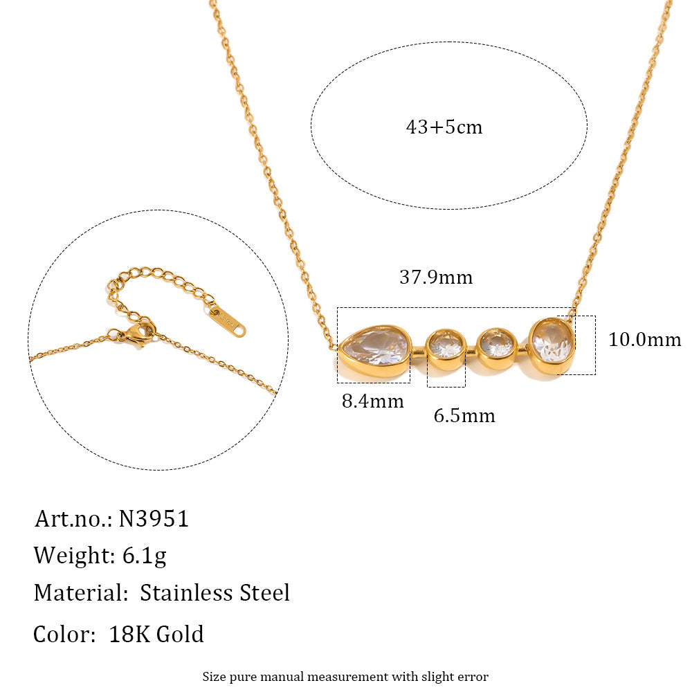 Gold necklace with three clear teardrop and round stones, shown with chain measurements, clasp detail, and product specs on a white background.