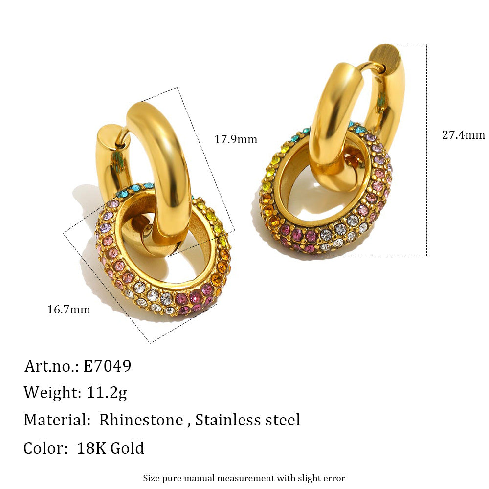Two gold hoop earrings with colorful rhinestone accents, shown with dimension lines and product specifications on a white background.