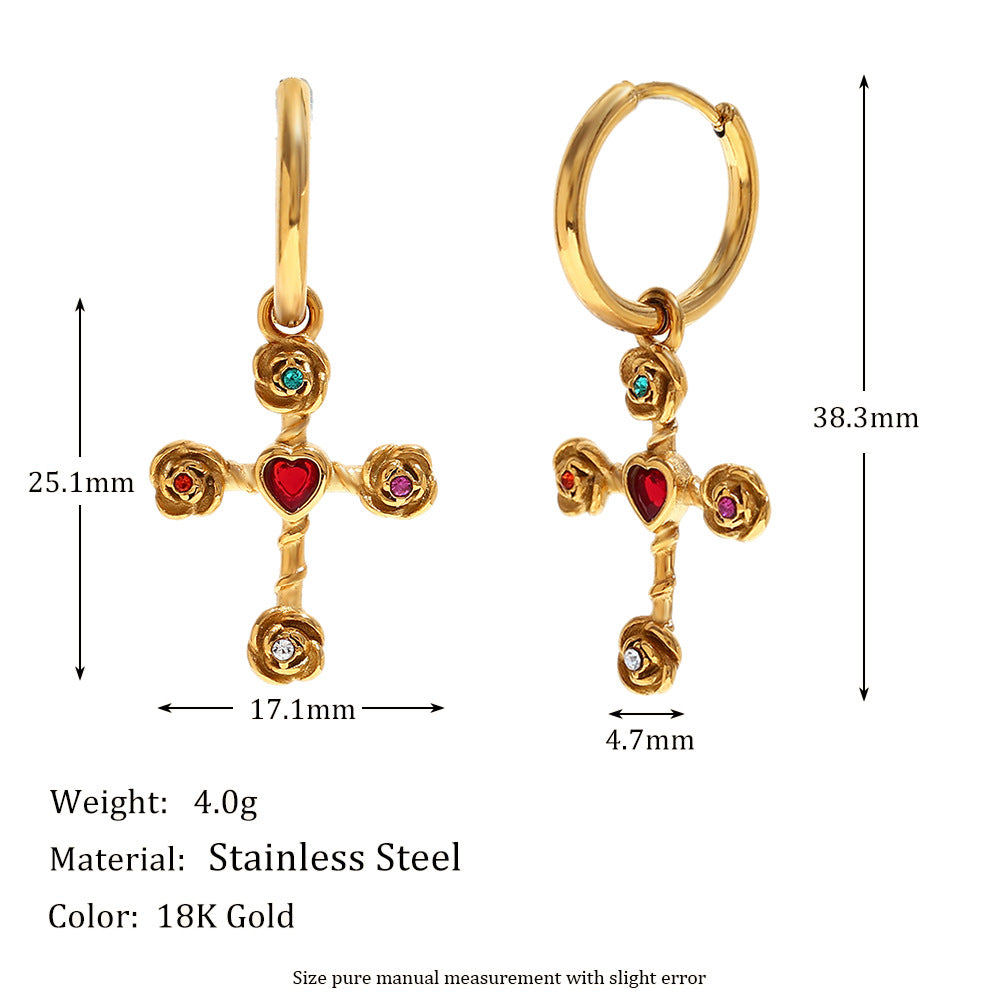 Gold hoop earrings with cross and heart designs, shown with measurements and material details.