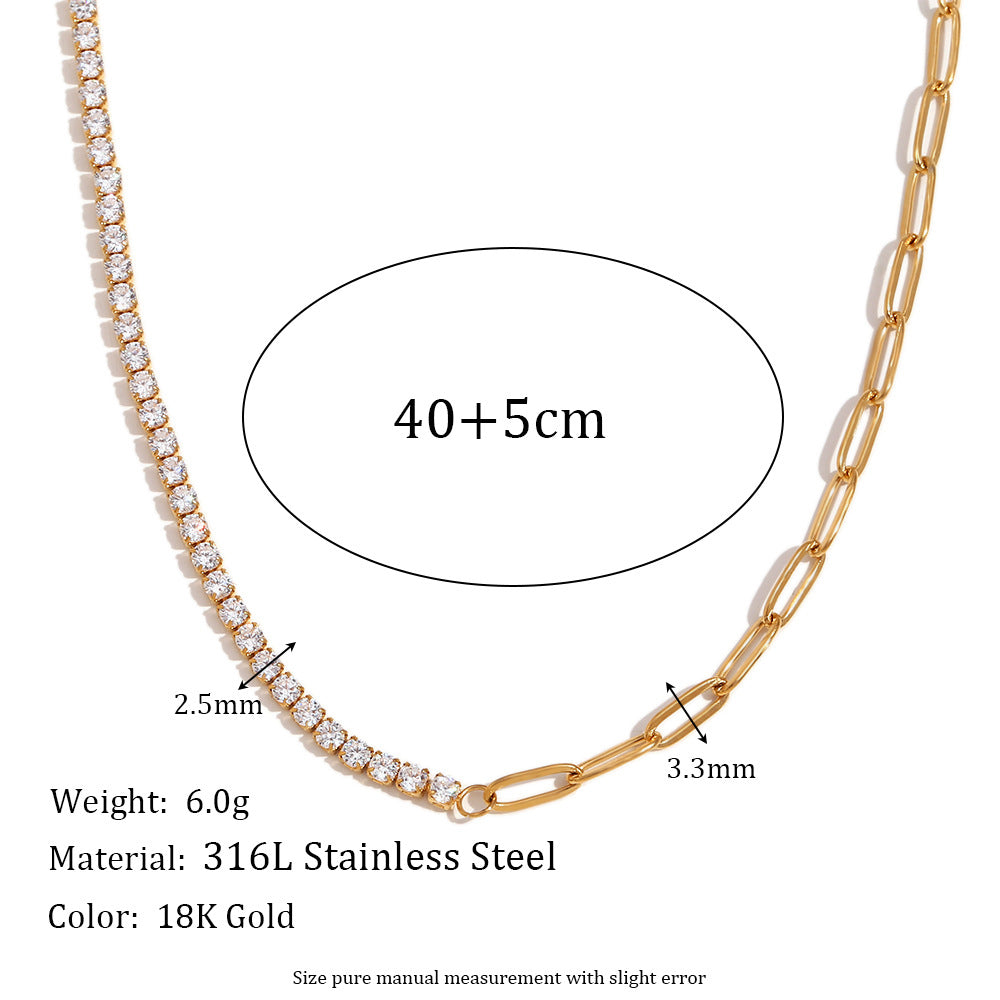 Gold necklace with measurements and material details on a white background