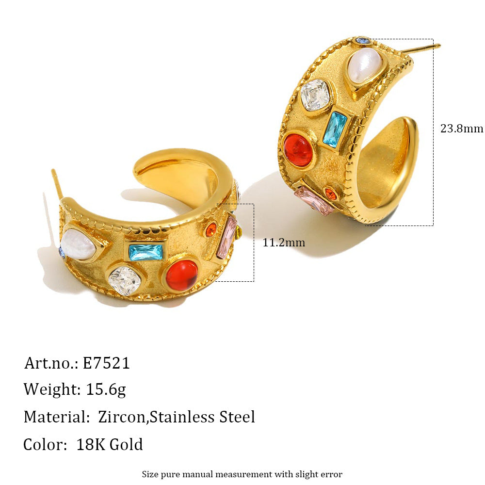 Gold-toned hoop earrings with multiple colorful gemstone accents, shown on a white background with dimension lines and text listing product details including size 23.8mm, 11.