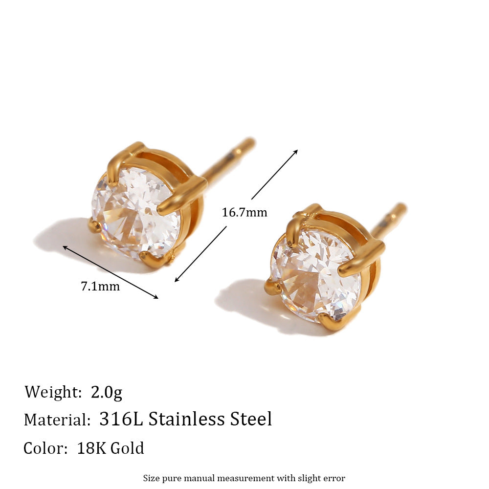 Gold stud earrings with clear gemstones, showing measurements and material details on a white background.