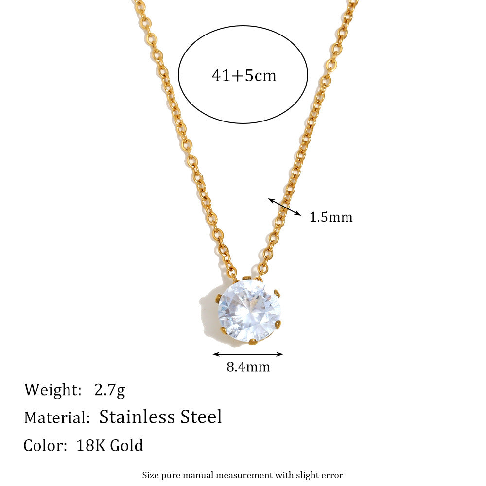 Gold necklace with a large clear round stone pendant on a white background, overlaid with size measurements (41+5cm chain, 1.5mm chain width, 8.