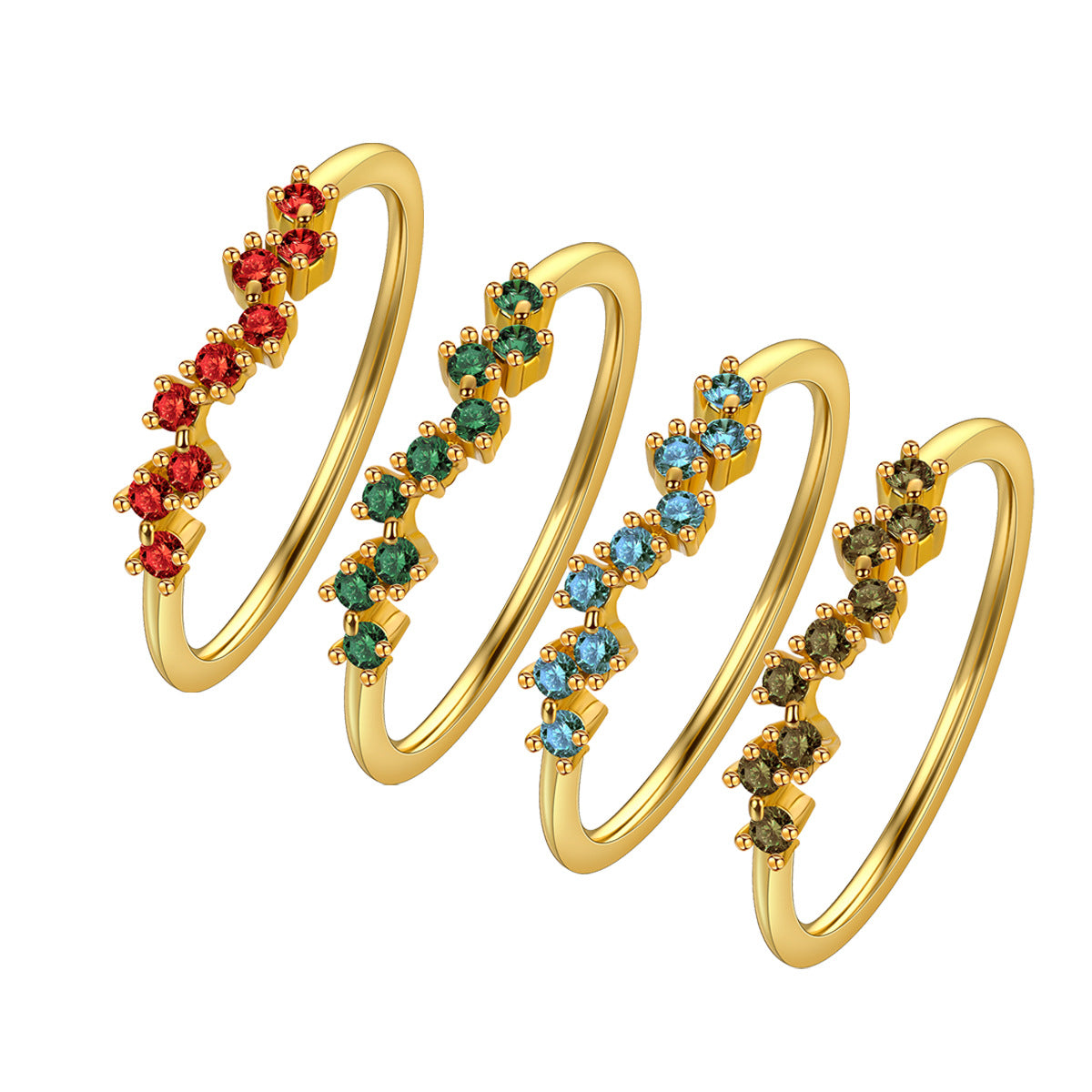 Set of gold rings with multicolored gemstones on a white background