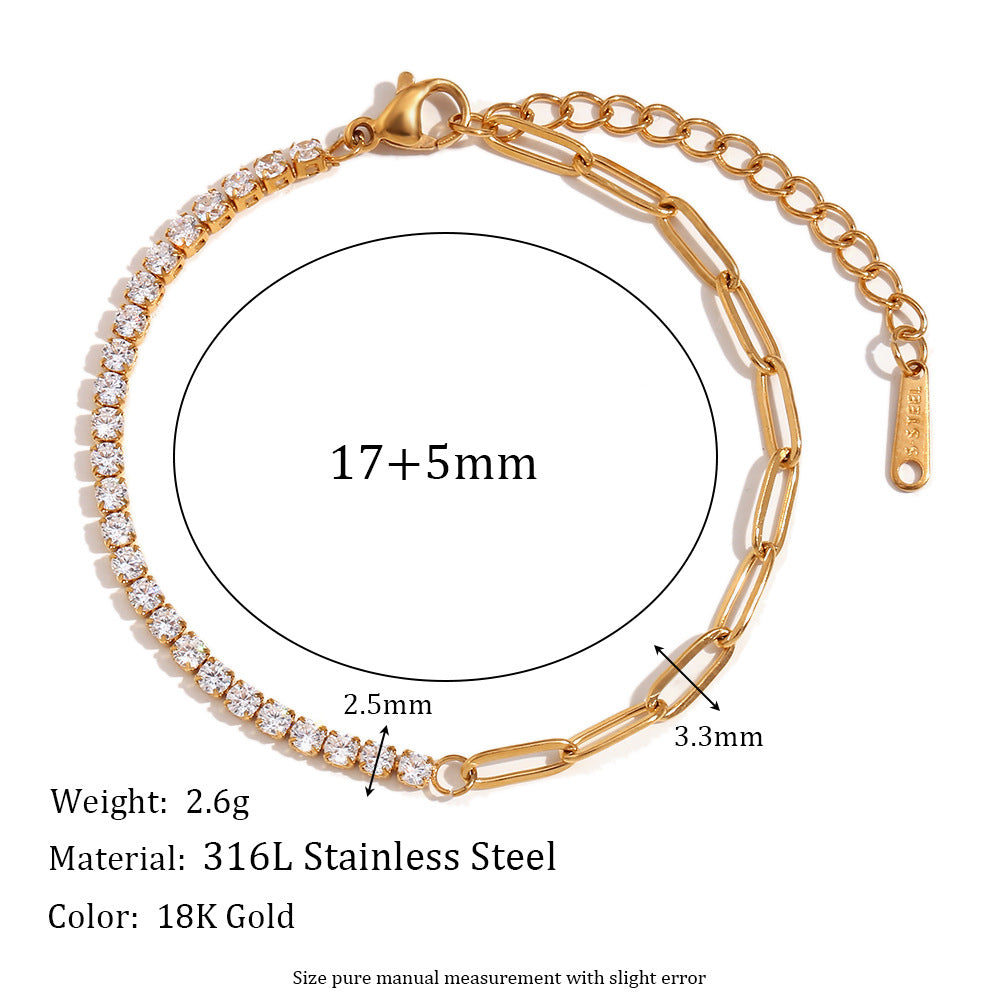 Gold bracelet with measurements and material details on a white background
