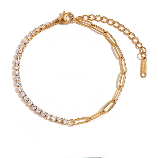 A gold chain bracelet featuring one half set with small clear round stones and the other half with larger elongated gold links, displayed on a clean white background.