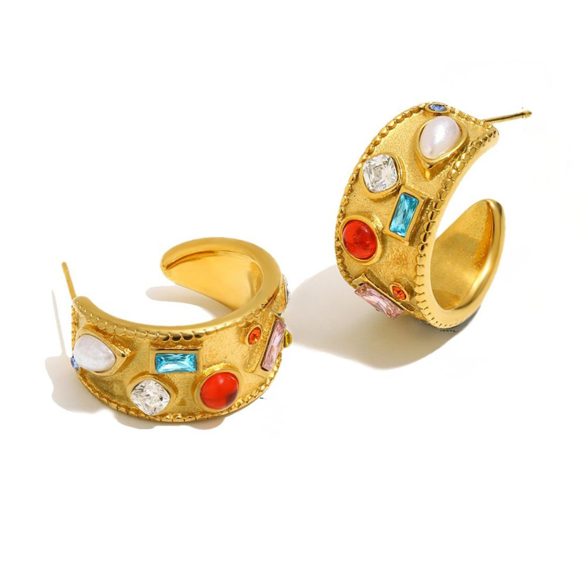 A pair of gold-toned hoop earrings decorated with colorful faux pearls, blue, red, pink, and clear rhinestones, displayed on a clean white background.